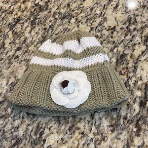 Kids Striped Hand Knit Beanie with Flower Accent